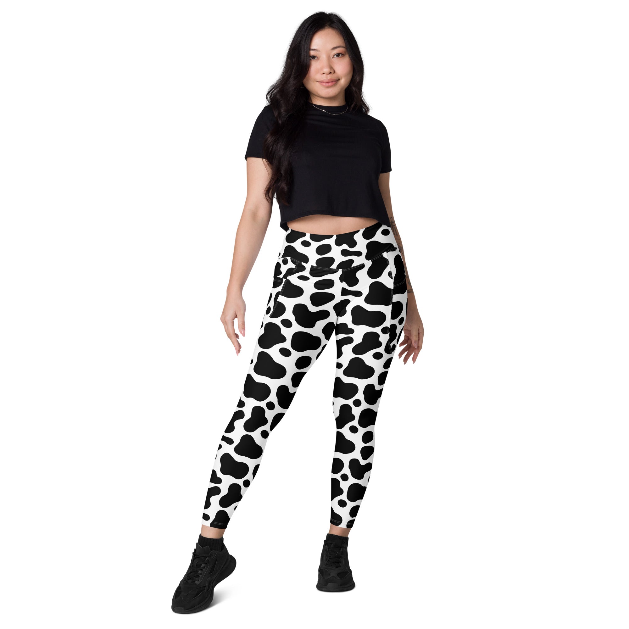 Women’s Cow Print Yoga Leggings With Pockets – High-Waisted, Soft Compression Active Pants