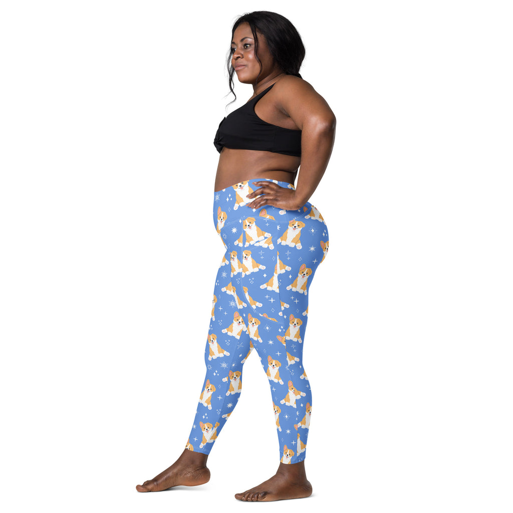 Women’s blue high-waisted corgi dog yoga leggings with pockets soft compression and playful tan and white corgi pattern