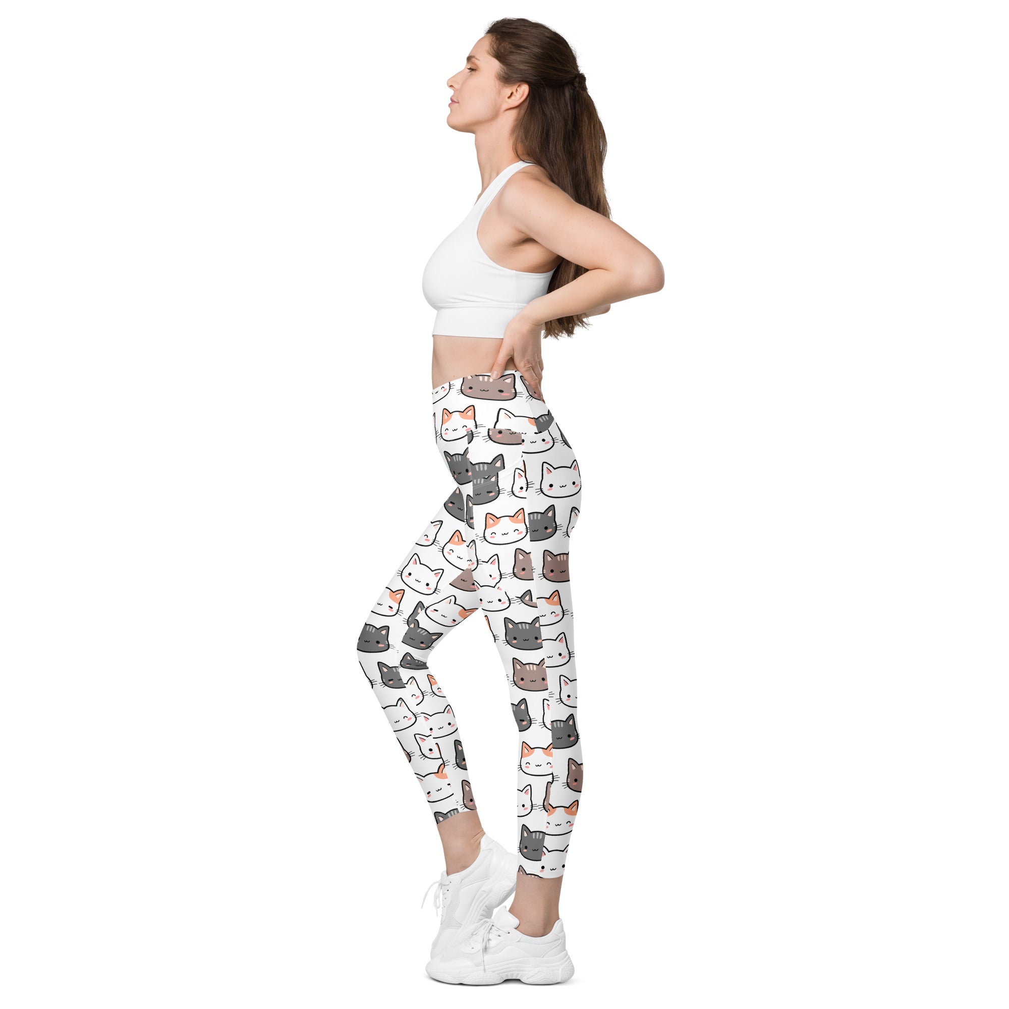 White women’s cute cat yoga leggings with pockets high-waisted soft compression featuring gray black and orange cats