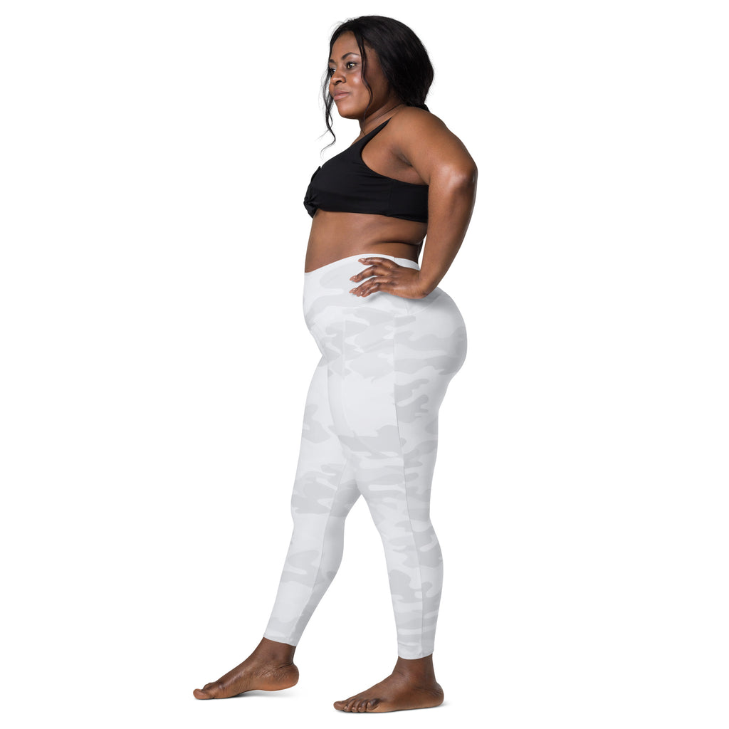 White camouflage leggings with high-waisted soft compression and pockets for women’s active yoga wear