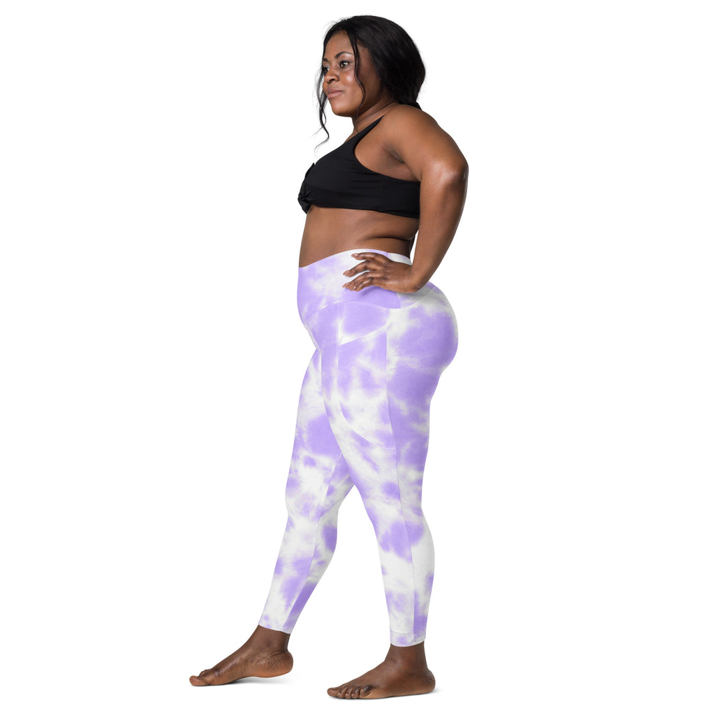 Women’s high-waisted purple and white tie dye yoga leggings with pockets made of soft compression fabric
