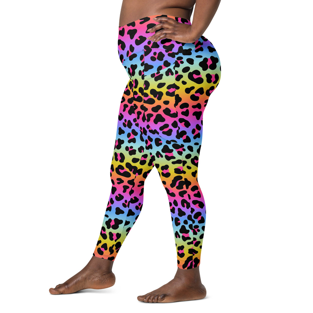 Women’s high-waisted rainbow gradient leopard print yoga leggings with pockets and soft compression fabric