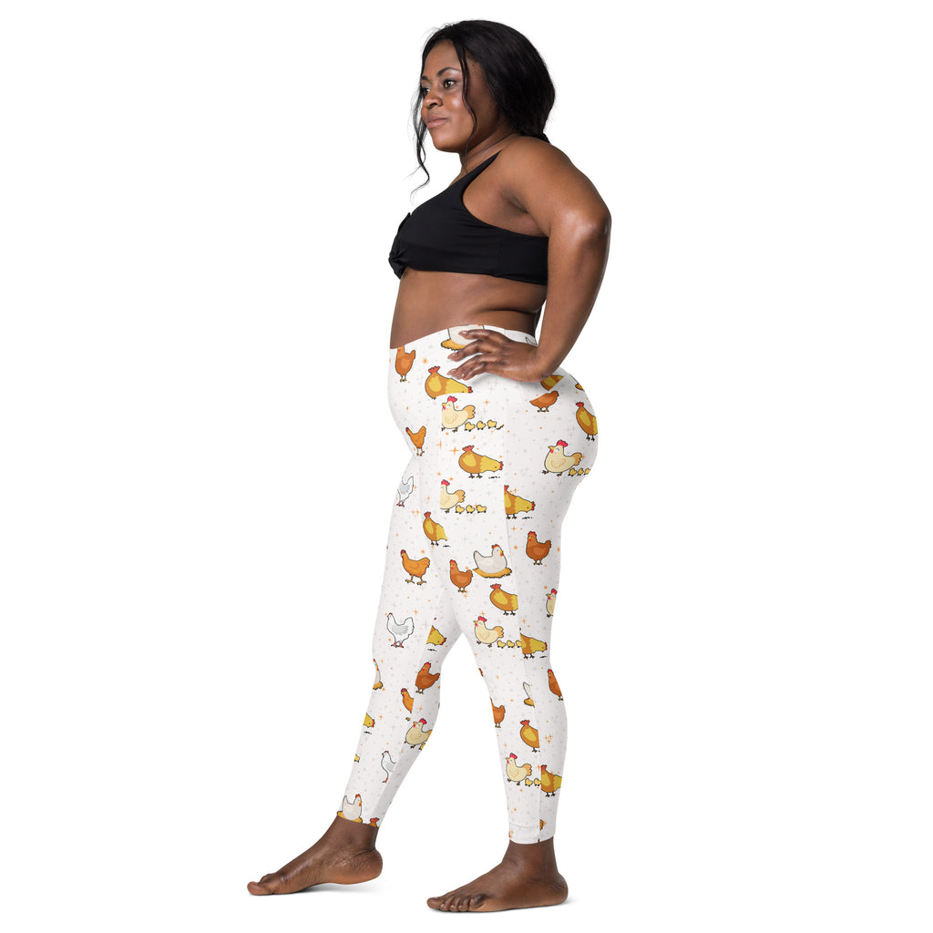 White women’s chicken yoga leggings with colorful cartoon chicken pattern high waisted soft compression pants
