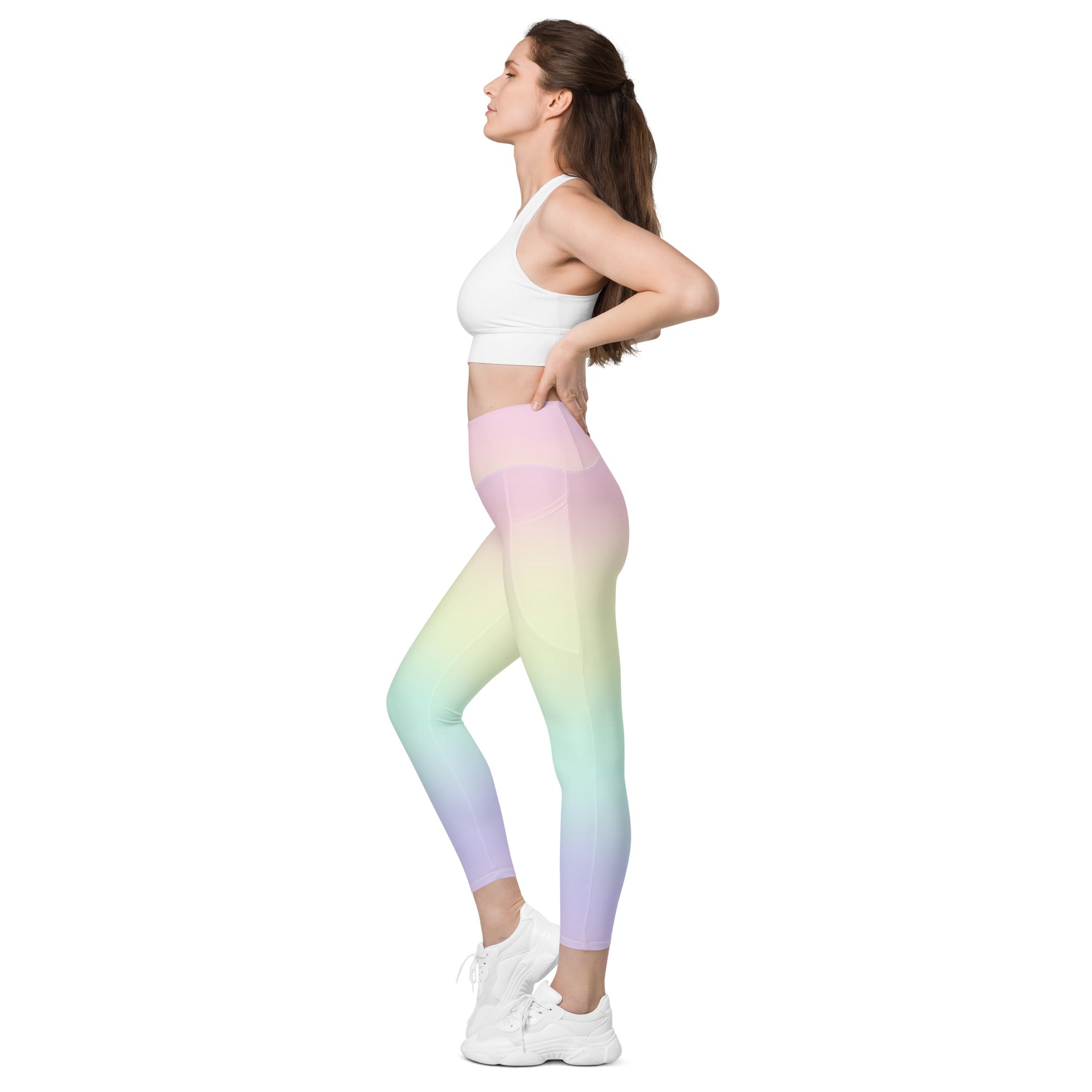 Women’s Pastel Rainbow Yoga Leggings With Pockets – High-Waisted, Soft Compression Active Pants