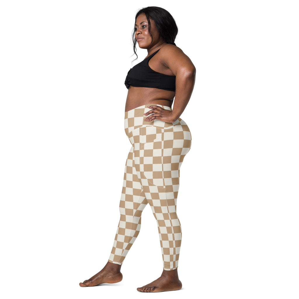 Women’s brown checkerboard high-waisted yoga leggings with pockets in beige and white soft compression fabric