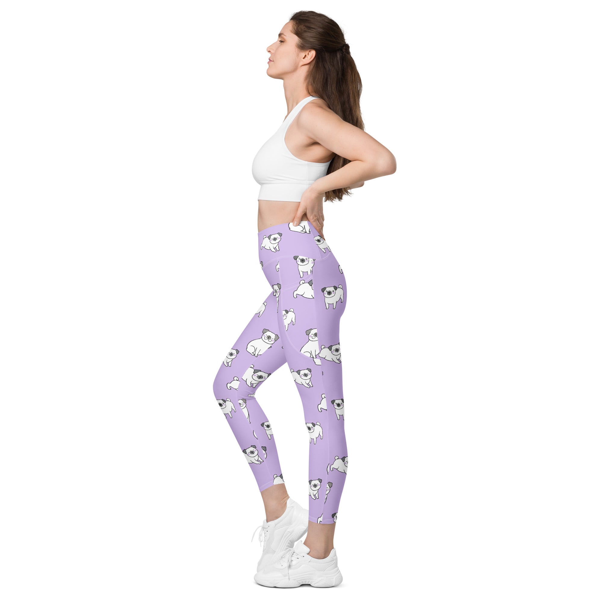 Women’s purple high-waisted pug yoga leggings with pockets featuring soft compression fabric and playful pug pattern