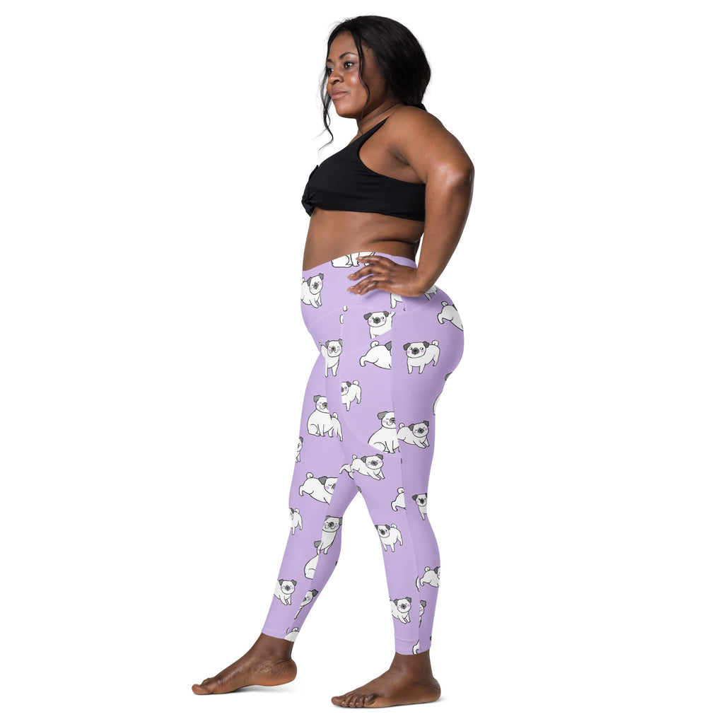 Women’s high-waisted lilac purple pug yoga leggings with pockets featuring soft compression and white pug pattern