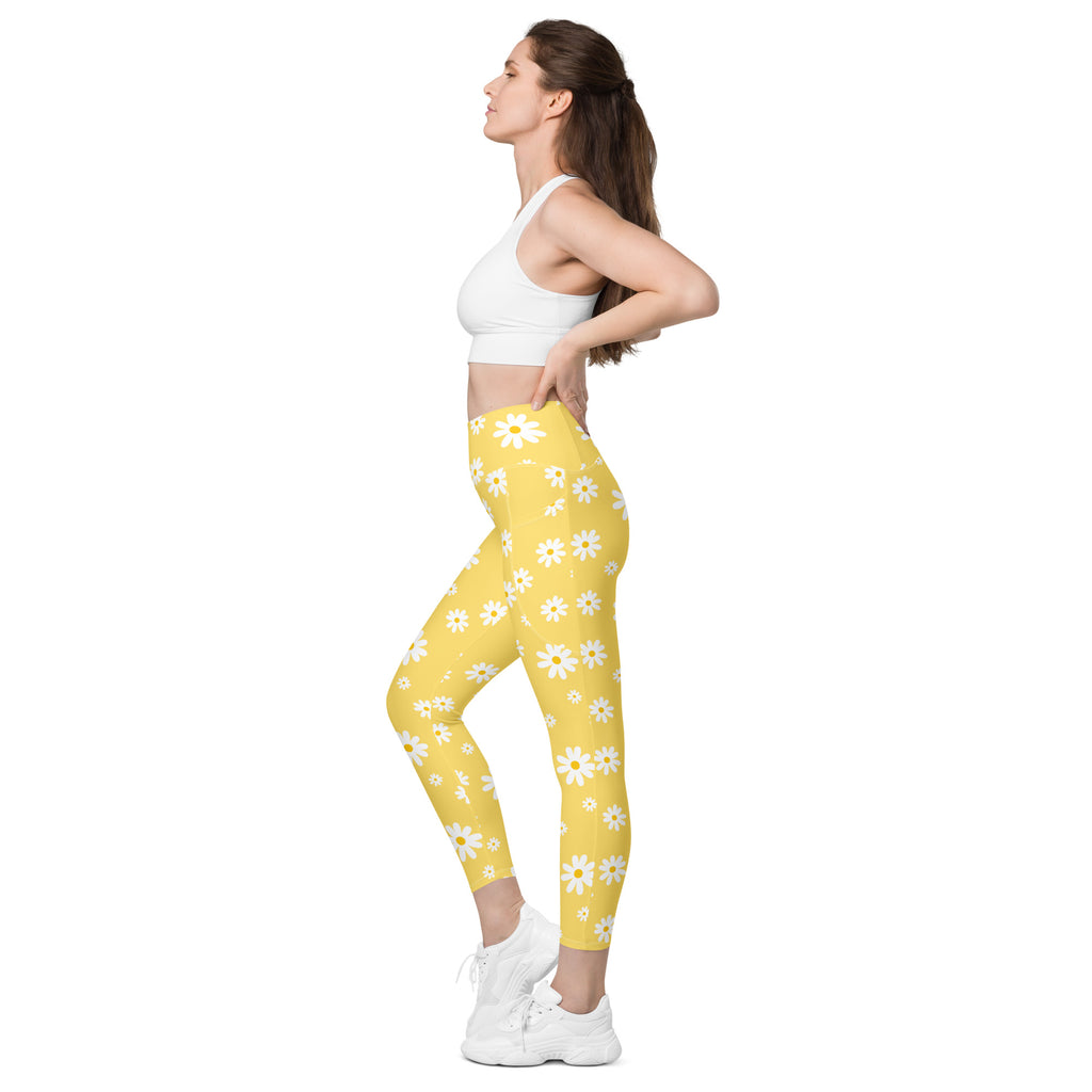 Women’s Yellow Daisy Yoga Leggings With Pockets – High-Waisted, Soft Compression Active Pants