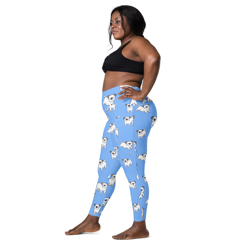 Women’s light blue pug yoga leggings with pockets high waisted soft compression fabric and playful white pug pattern