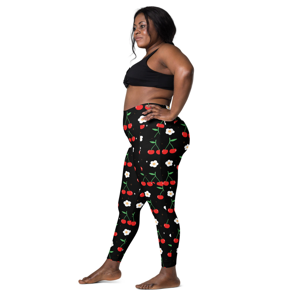 Women’s high-waisted black leggings with red cherry and white flower print soft compression yoga pants with pockets