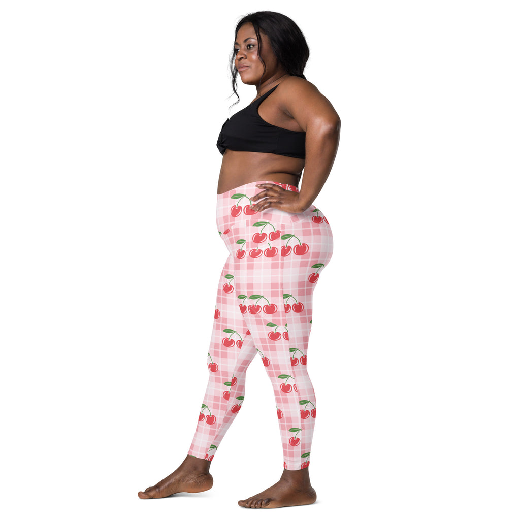 Pink cherry-print high-waisted leggings with subtle plaid pattern soft compression active pants with pockets