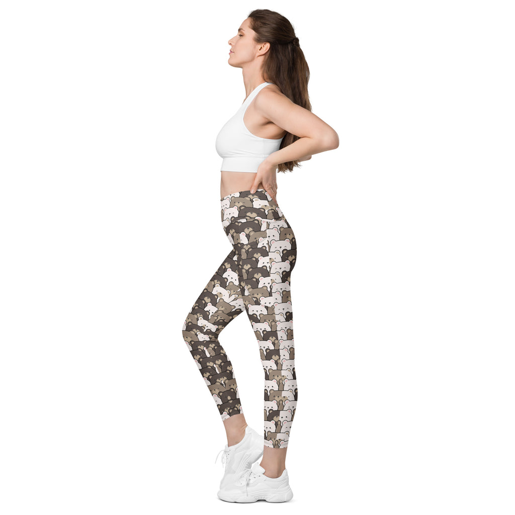Women’s high-waisted bear face yoga leggings with pockets in beige and brown camouflage featuring cartoon foxes
