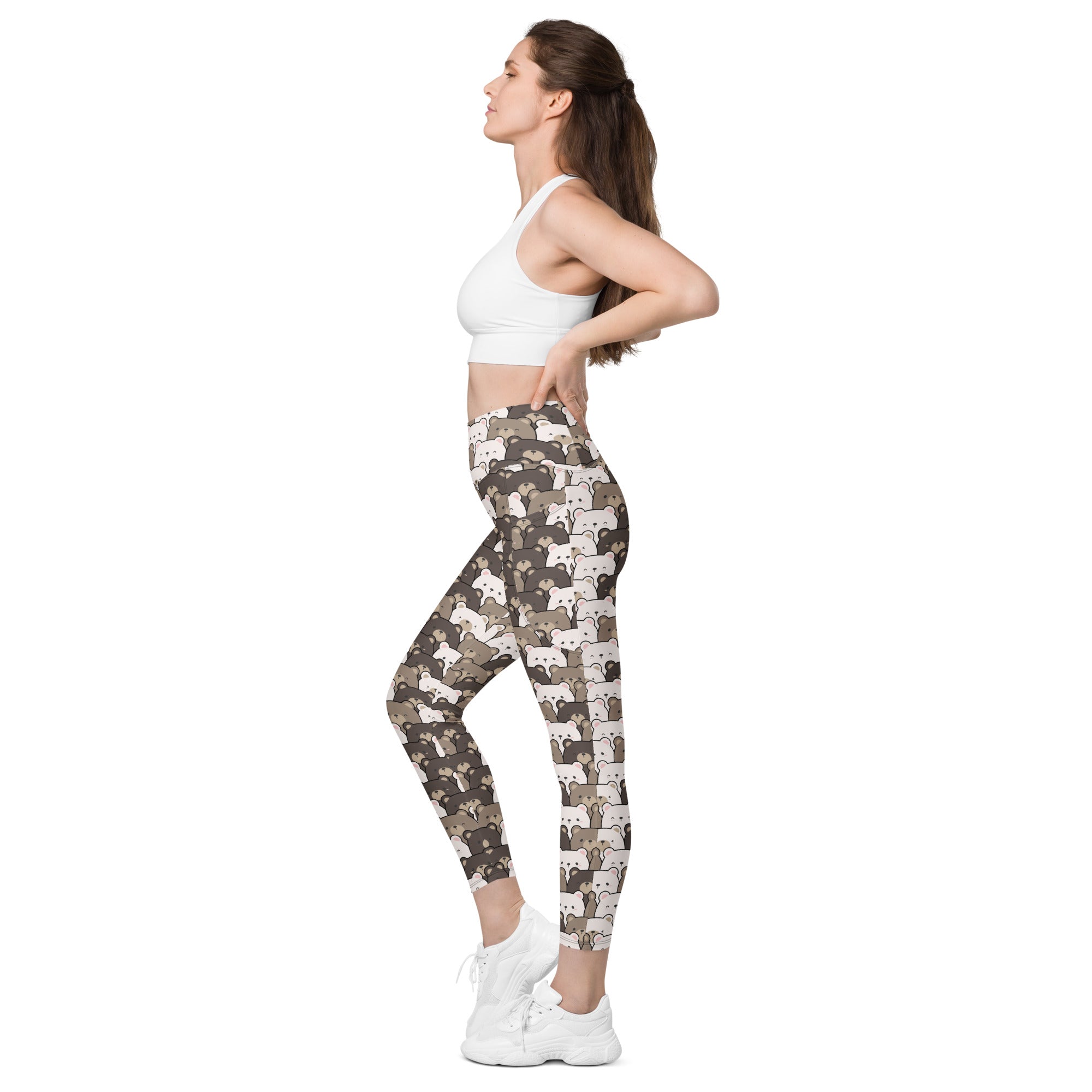 Women’s high-waisted bear face yoga leggings with pockets in beige and brown camouflage featuring cartoon foxes