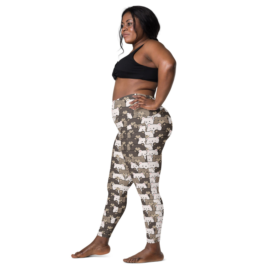 Women’s high-waisted camouflage yoga leggings with soft compression featuring white and gray bear faces and pockets