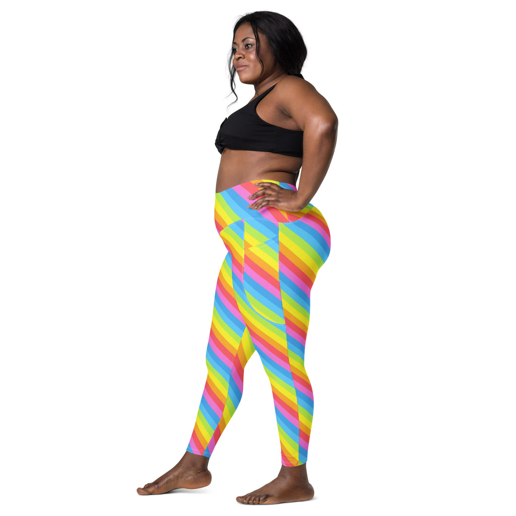 Women’s Rainbow Stripe Yoga Leggings With Pockets – High-Waisted, Soft Compression Active Pants