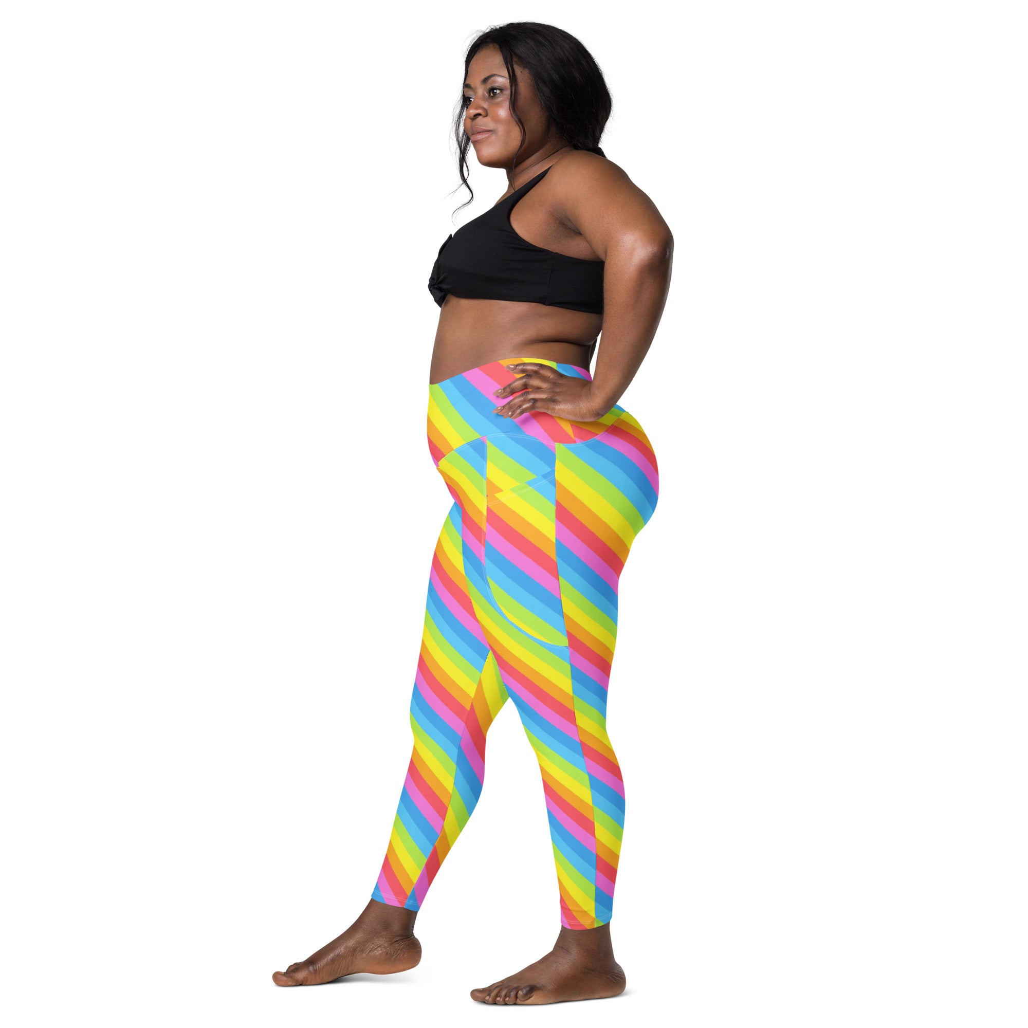 Women’s Rainbow Stripe Yoga Leggings With Pockets – High-Waisted, Soft Compression Active Pants