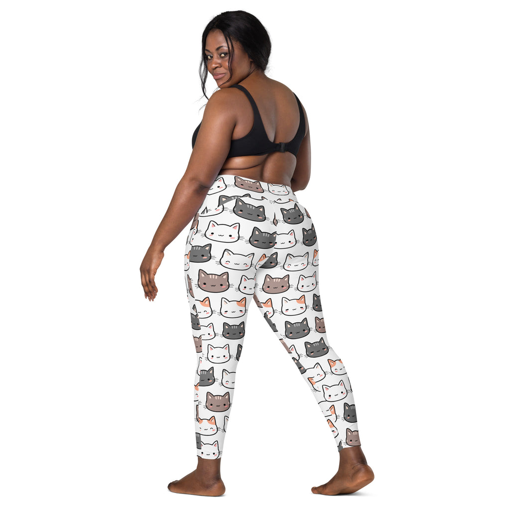 Women’s high-waisted white leggings with playful cartoon cats in gray white and orange soft compression with pockets