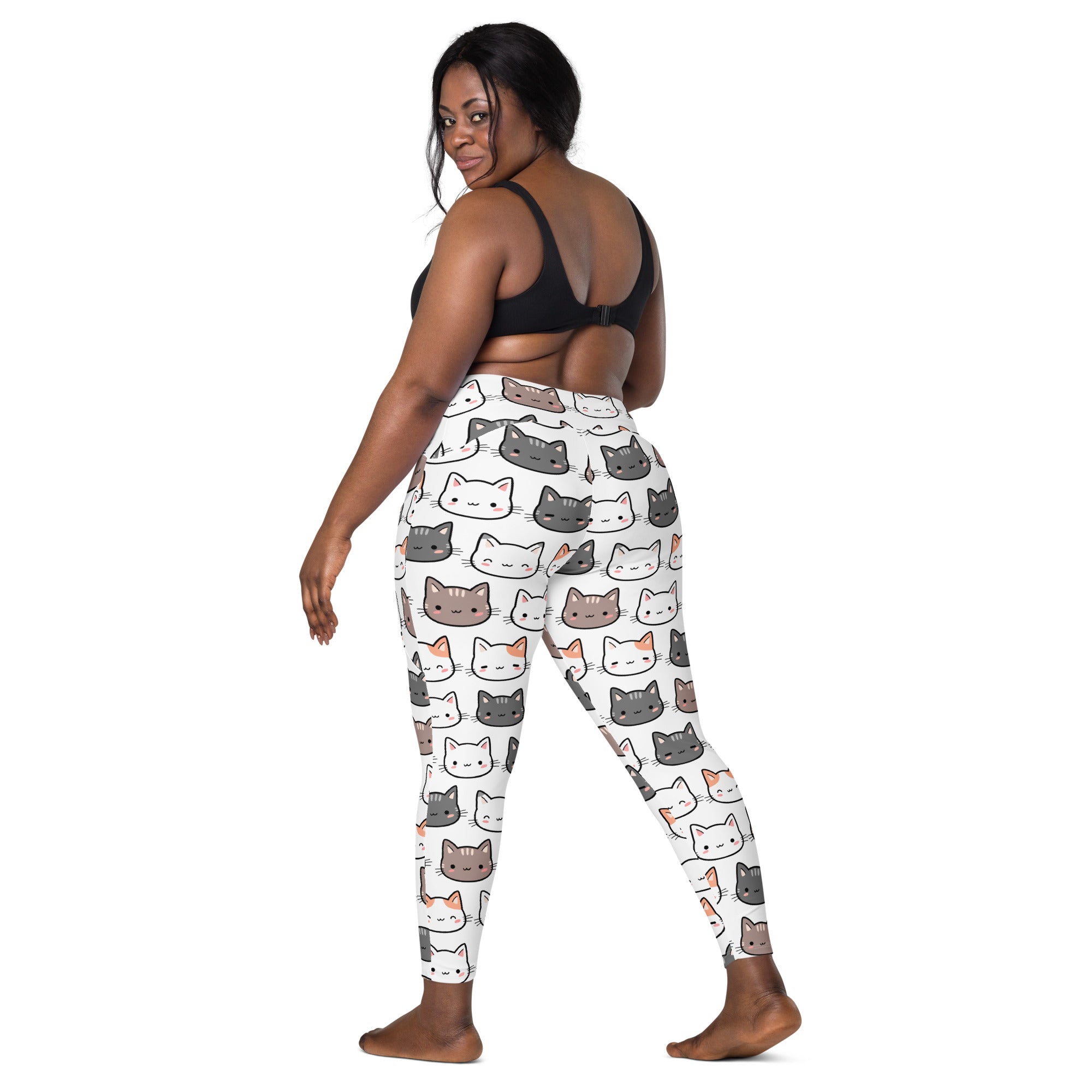 Women’s high-waisted white leggings with playful cartoon cats in gray white and orange soft compression with pockets