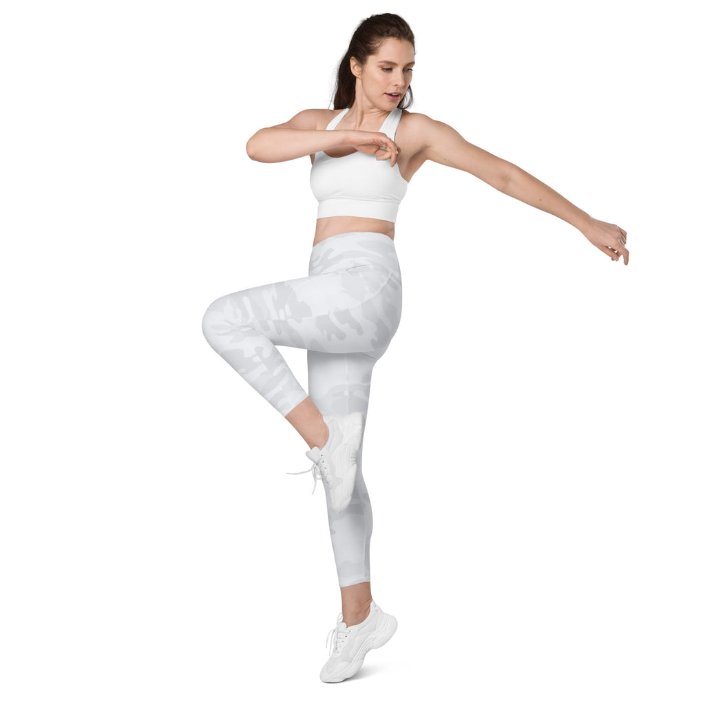 White athletic leggings with subtle camouflage pattern high waisted soft compression fabric with pockets
