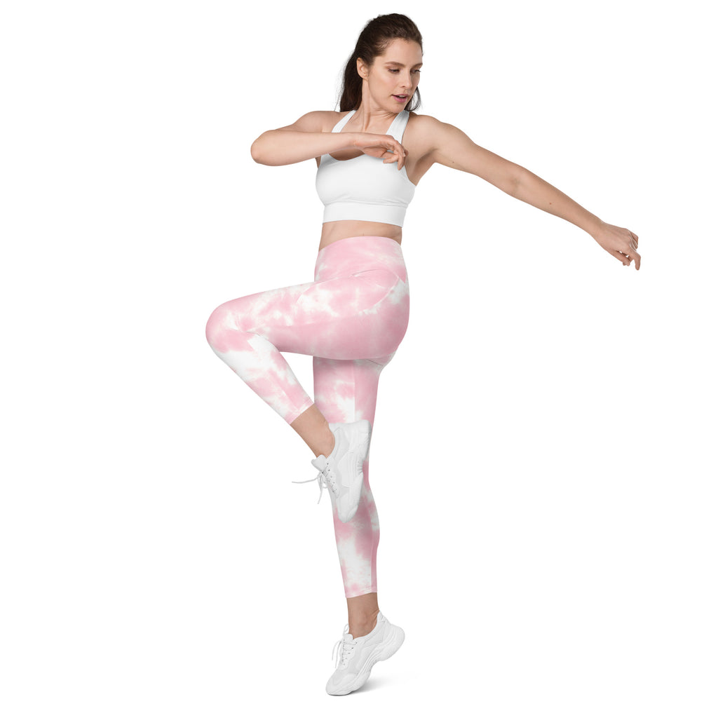 Women’s pink and white tie dye high waisted yoga leggings with pockets and soft compression for active wear