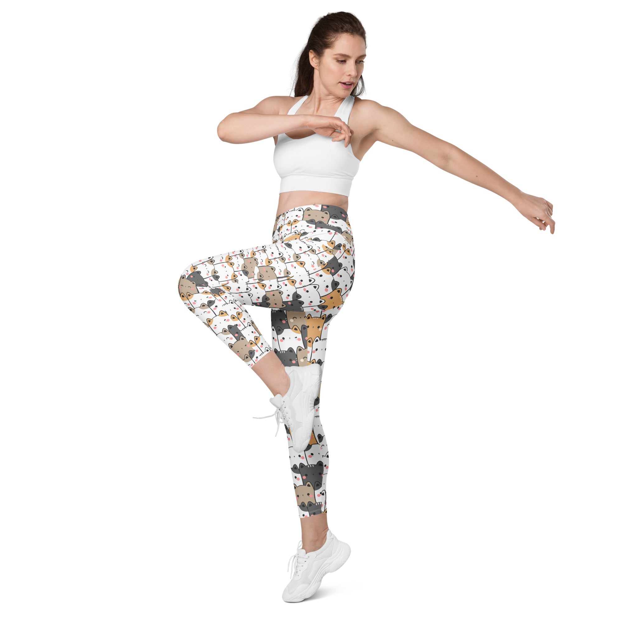 White women’s kawaii cat yoga leggings with pockets high-waisted soft compression fabric featuring cartoon bears pattern