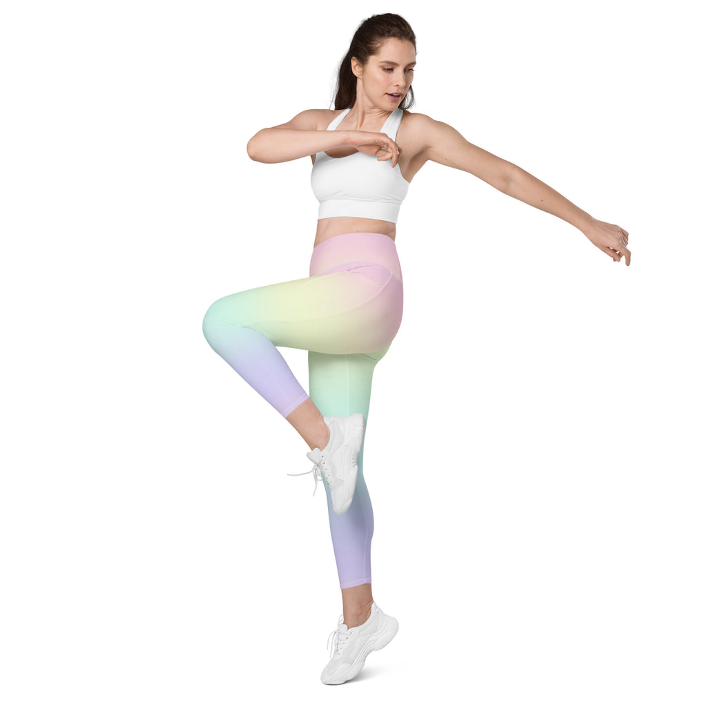 Women’s Pastel Rainbow Yoga Leggings With Pockets – High-Waisted, Soft Compression Active Pants