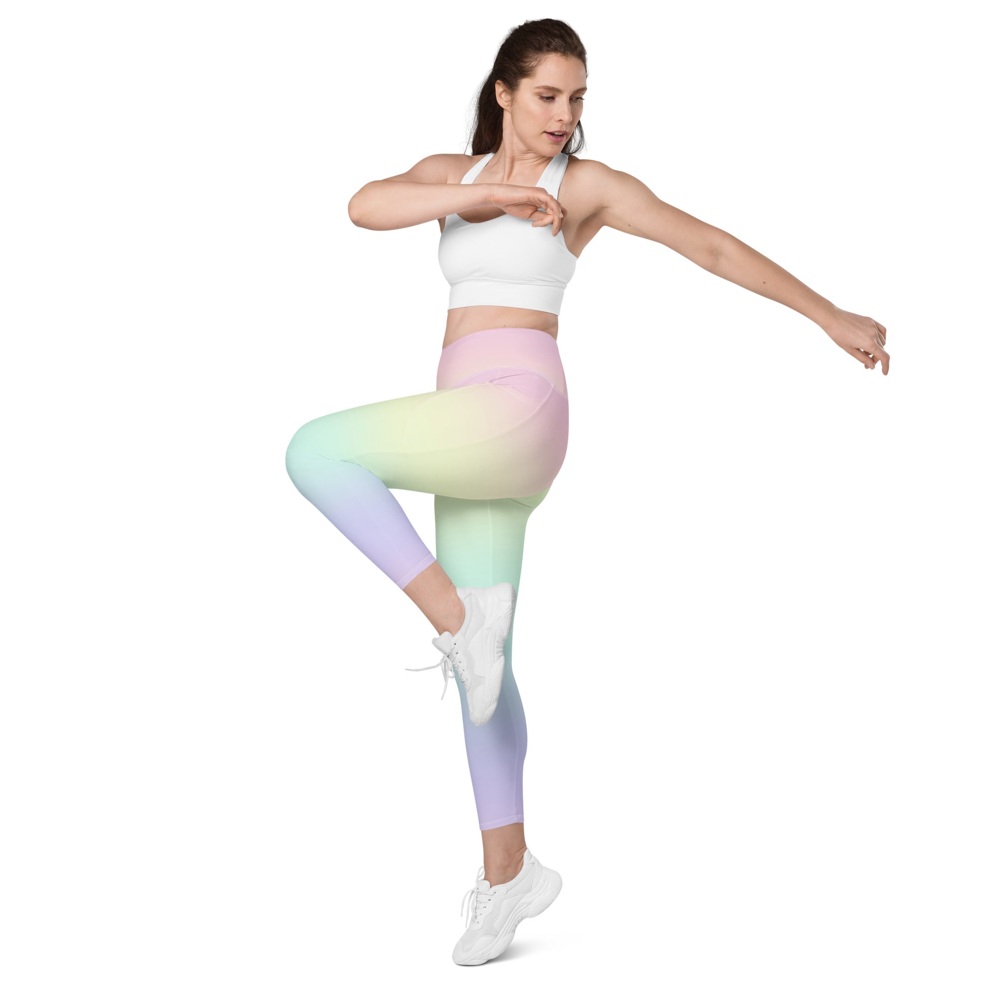 Women’s Pastel Rainbow Yoga Leggings With Pockets – High-Waisted, Soft Compression Active Pants