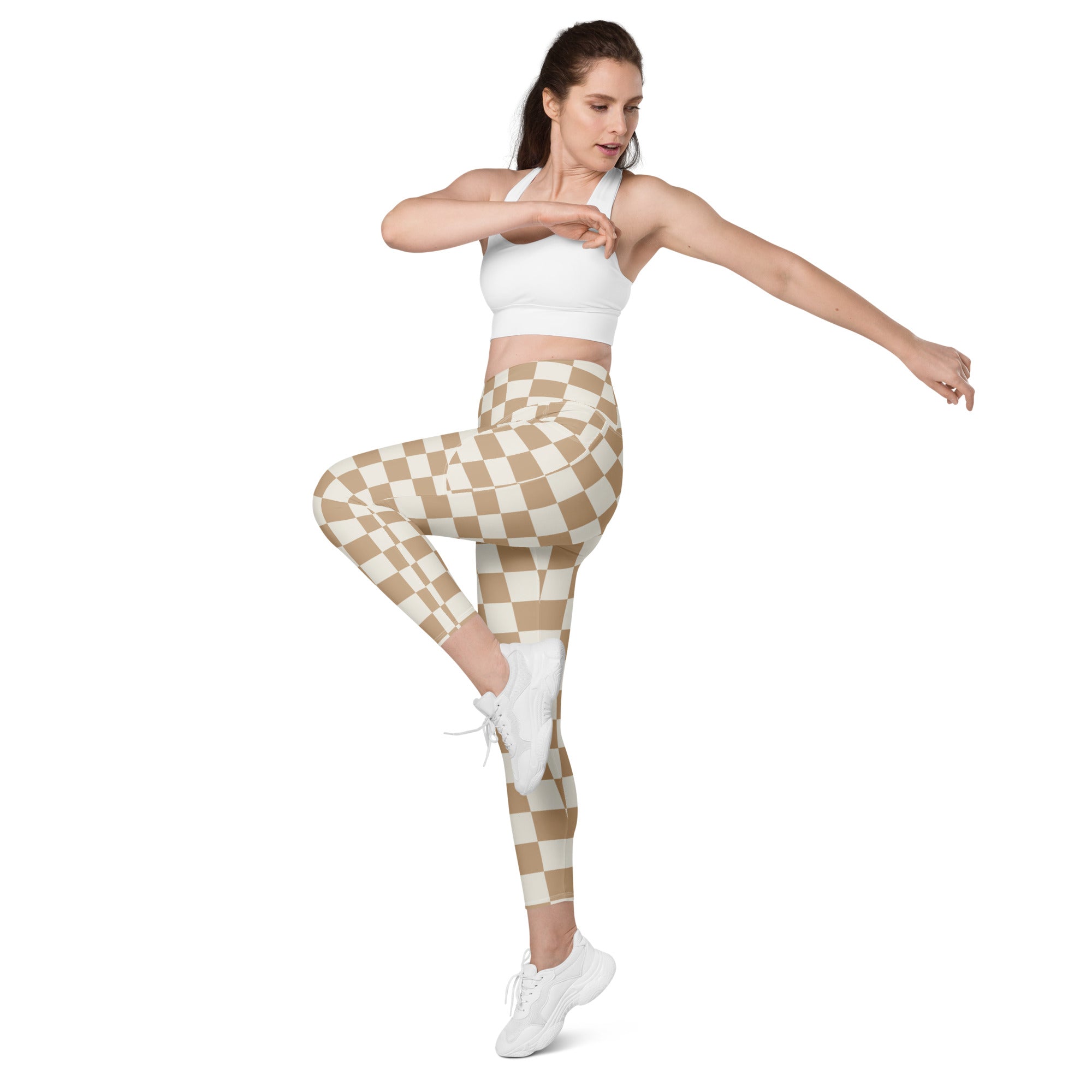 Beige and white checkered high-waisted yoga leggings with pockets soft compression active pants for women