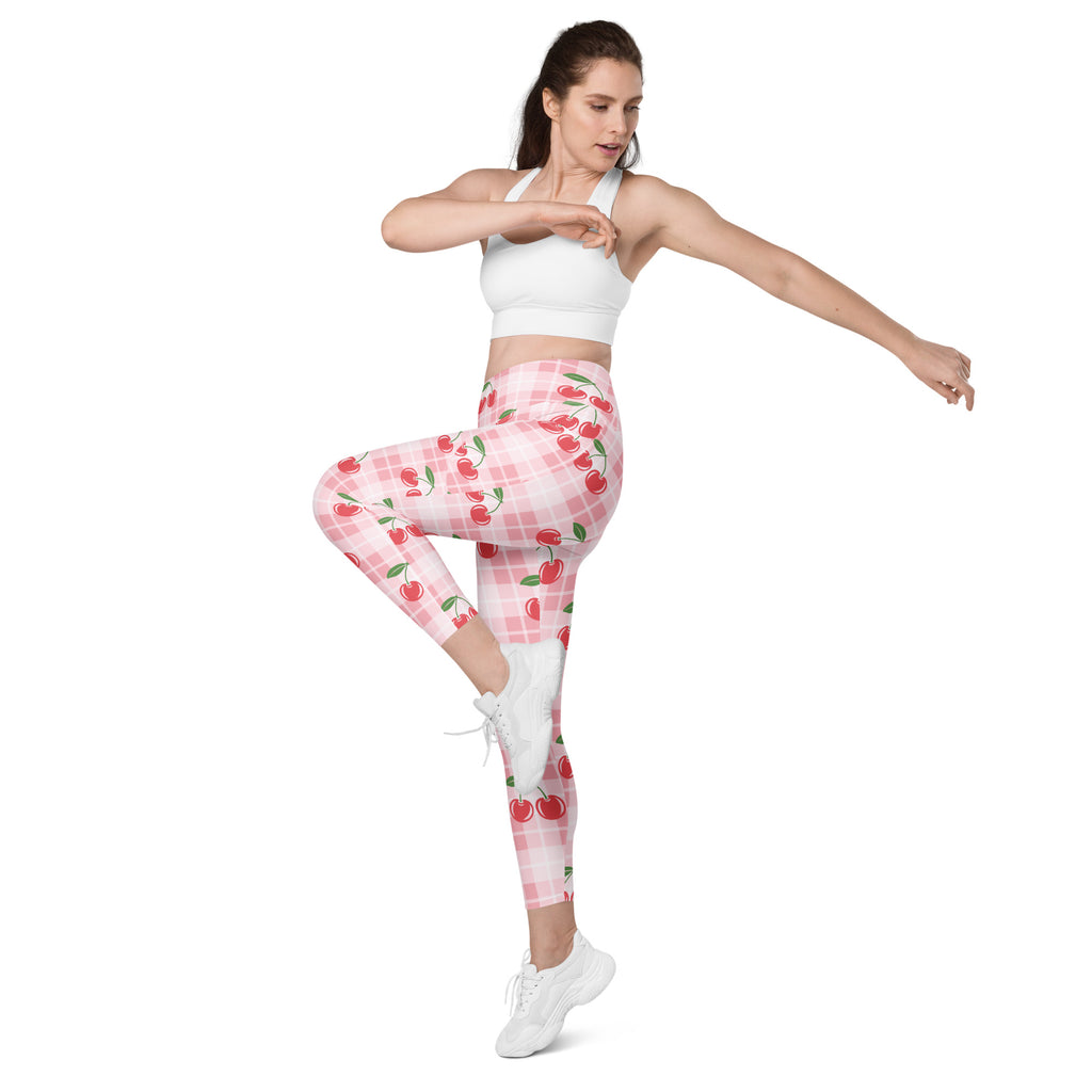Women’s pink and white plaid cherry-print high-waisted yoga leggings with pockets soft compression active pants