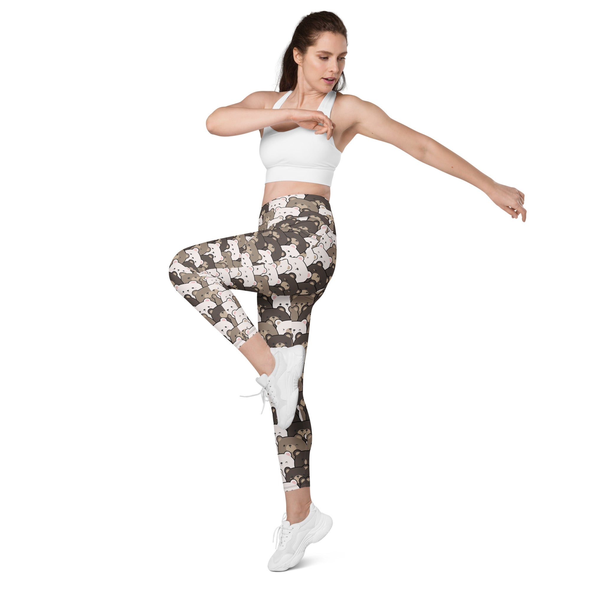 Women’s high-waisted camouflage leggings with white and brown bear face pattern soft compression active pants