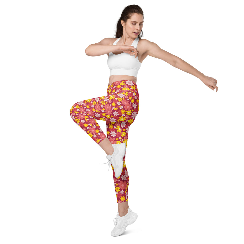 Women’s high-waisted pink and yellow floral yoga leggings with pockets soft compression active pants