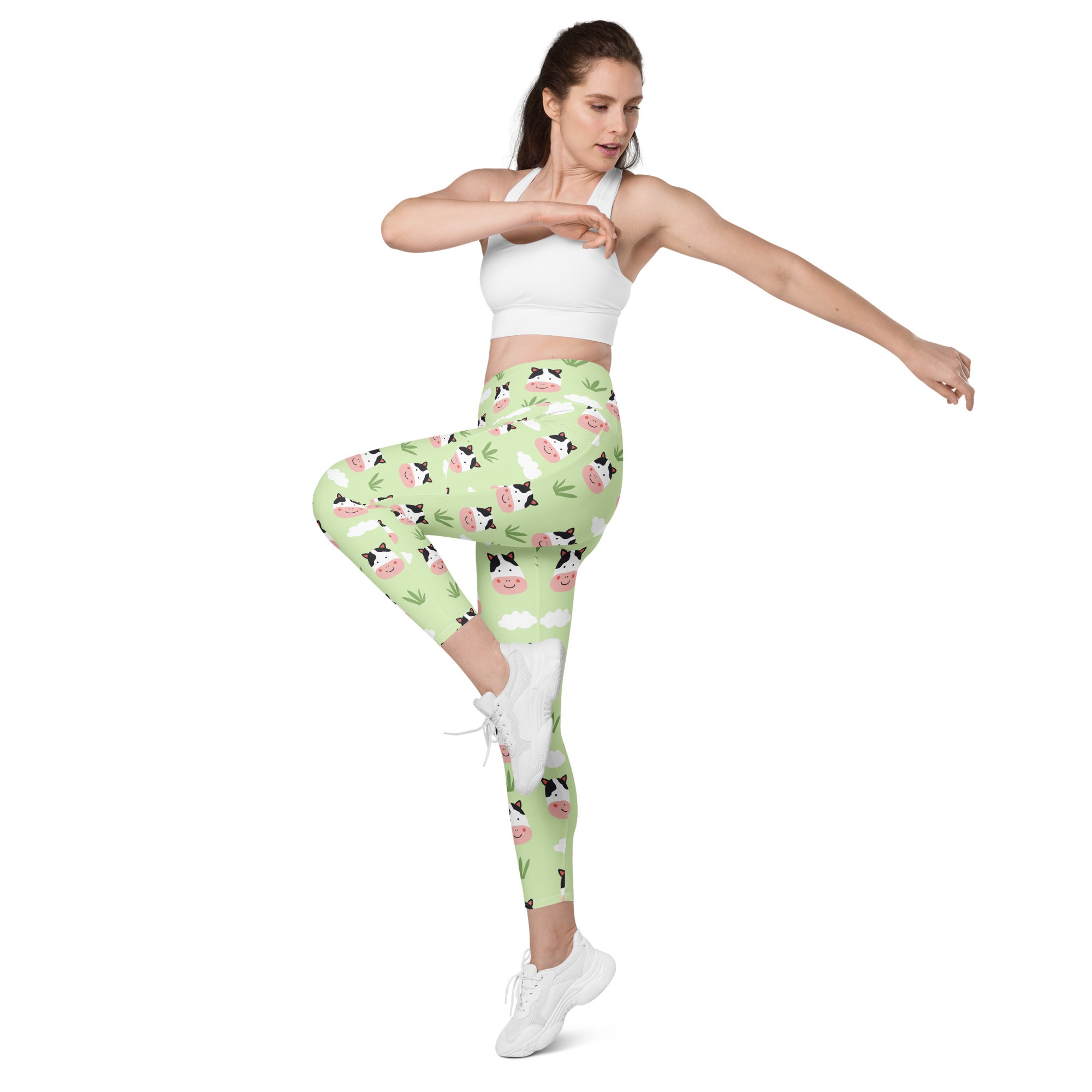 Light green women’s cute cow yoga leggings with pockets high waisted soft compression active pants with bamboo pattern