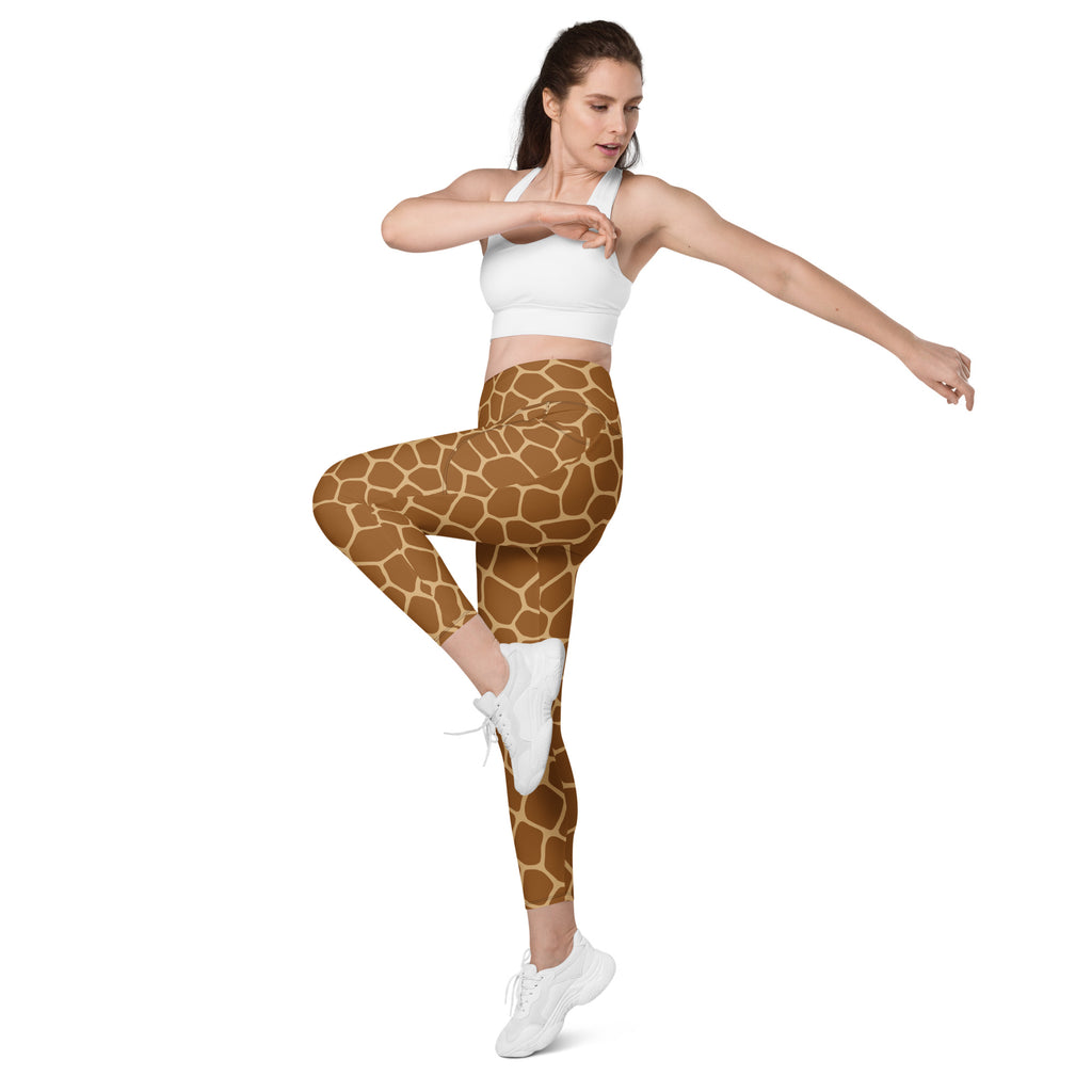 Brown giraffe print high-waisted yoga leggings with pockets soft compression active pants for women visible from the back