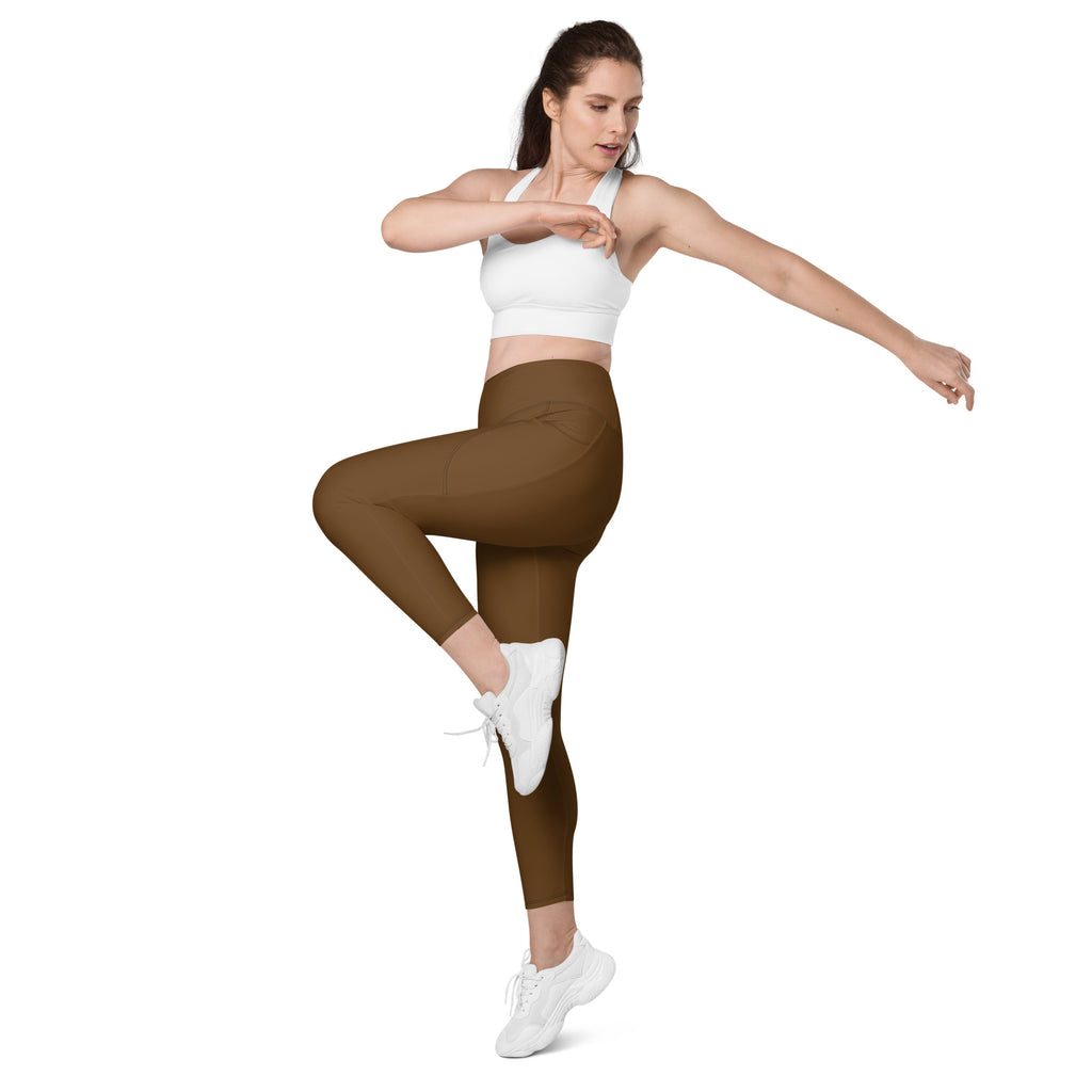 Women’s brown high waisted yoga leggings with pockets made of smooth stretchy soft compression material
