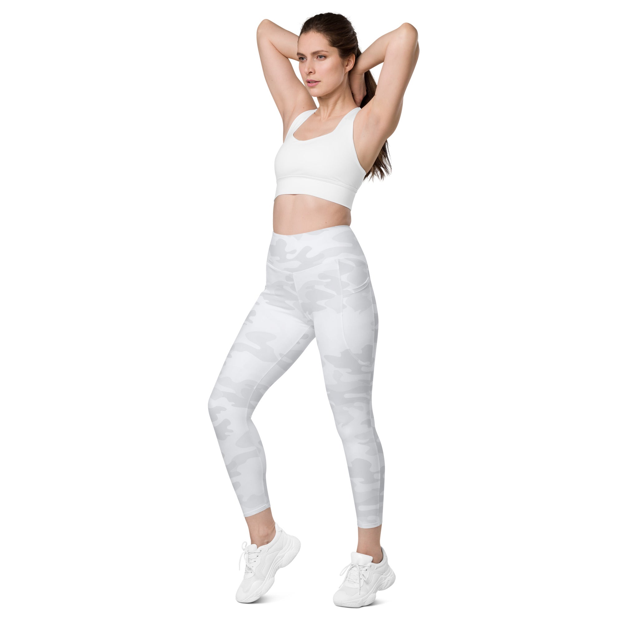 White camouflage women’s yoga leggings with sleek form-fitting design high-waisted soft compression pants