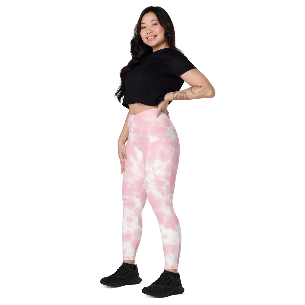 Women’s pink and white tie dye high-waisted yoga leggings with pockets soft compression active pants