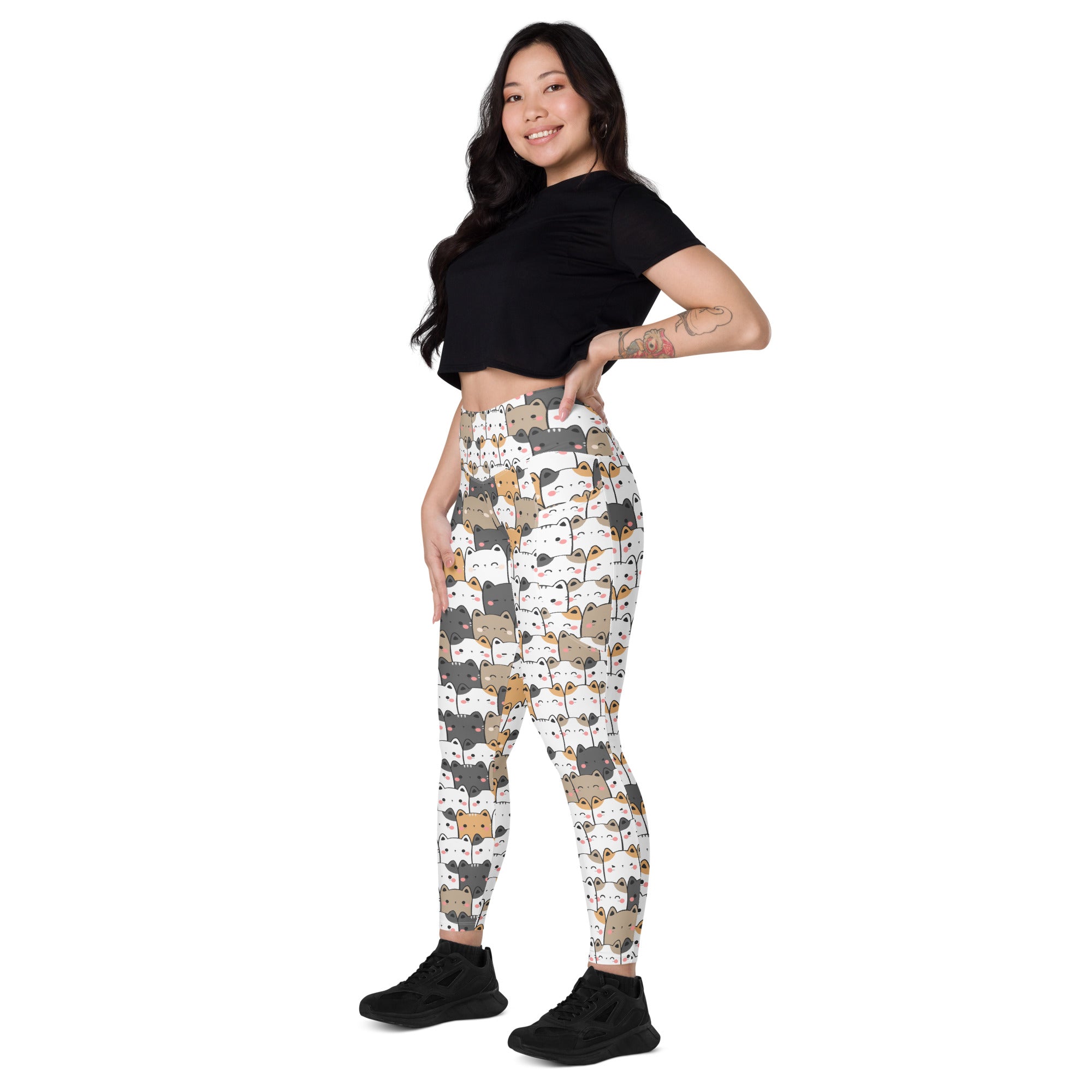 White women’s kawaii cat yoga leggings with pockets high waisted soft compression fabric and gray beige black cats pattern