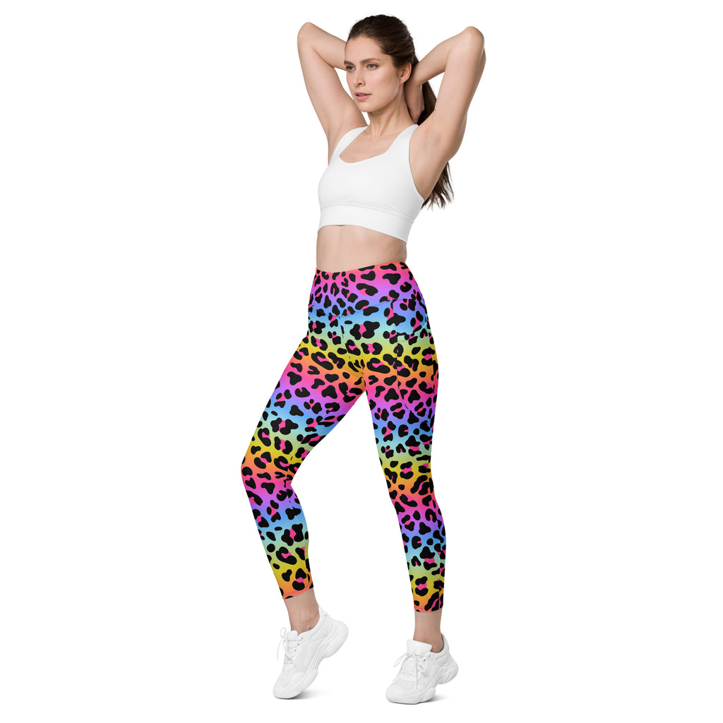 Women’s high-waisted rainbow leopard yoga leggings with black spots soft compression and pockets
