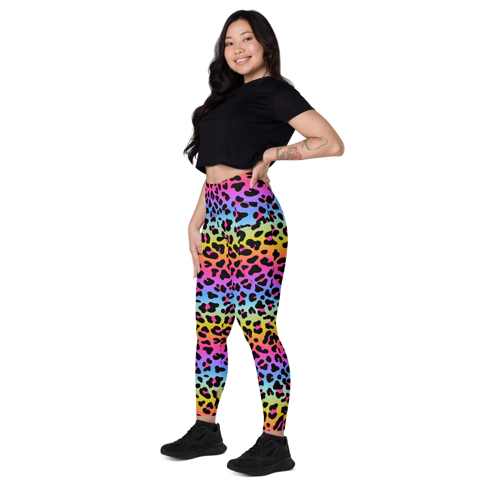 Women’s rainbow leopard yoga leggings with pockets high-waisted soft compression active pants in vibrant colors