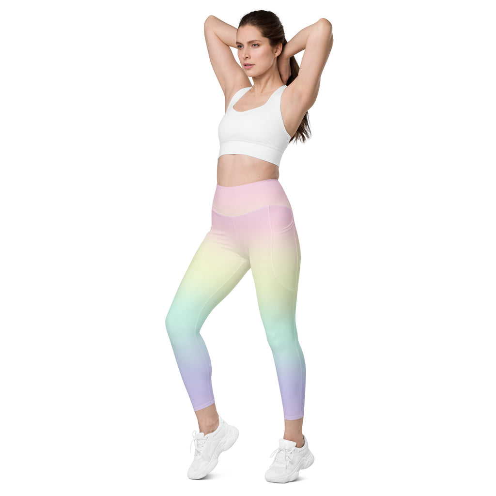 Women’s Pastel Rainbow Yoga Leggings With Pockets – High-Waisted, Soft Compression Active Pants