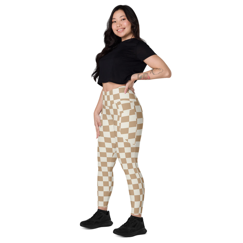 Beige and white checkered high-waisted yoga leggings with pockets soft compression active pants for women