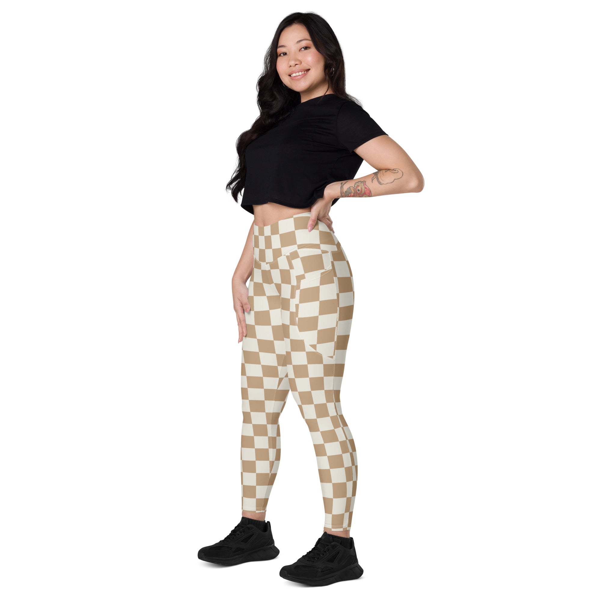 Beige and white checkered high-waisted yoga leggings with pockets soft compression active pants for women