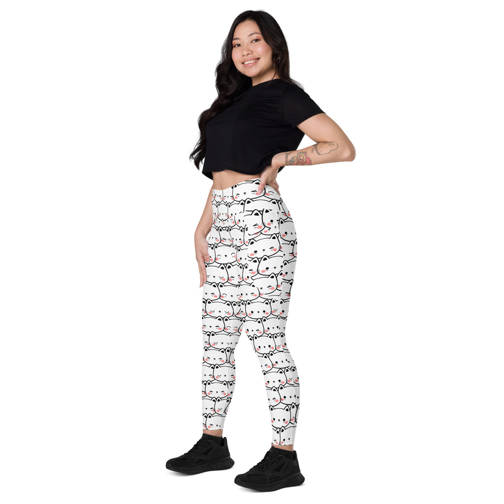 White women’s kawaii cat face yoga leggings with black and pink pattern high-waisted soft compression pants