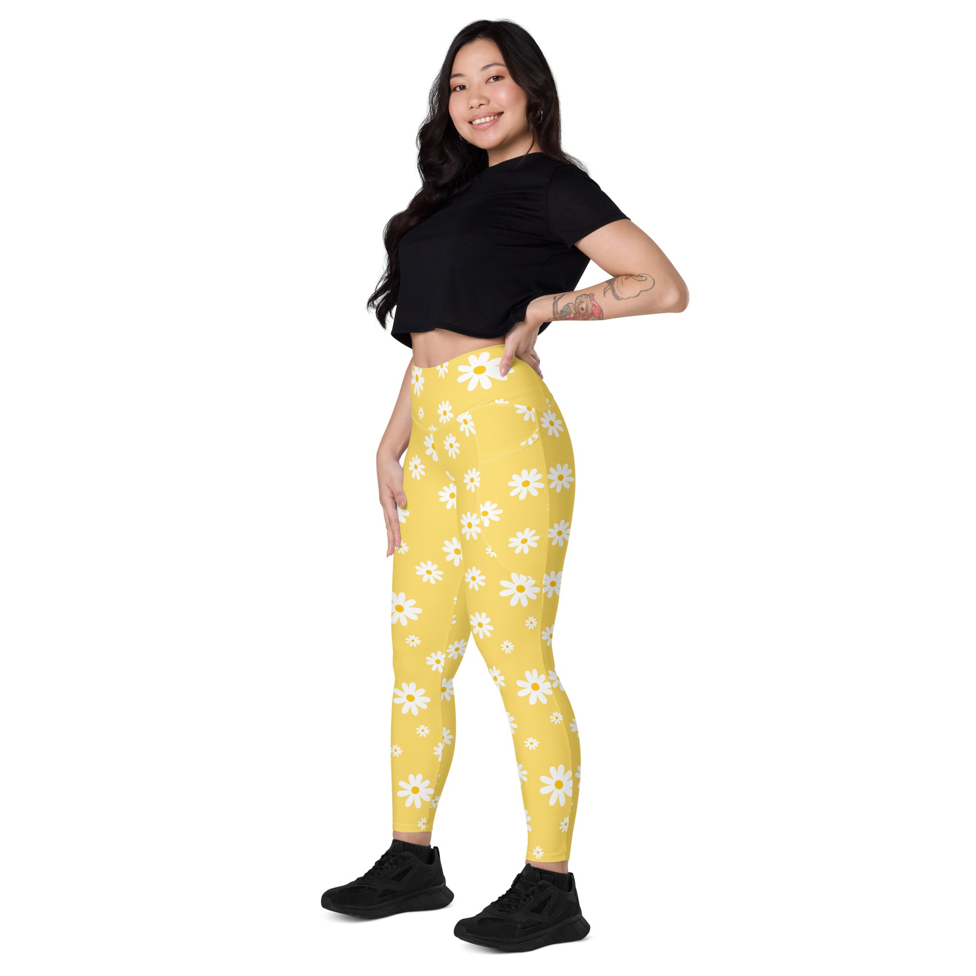 Women’s Yellow Daisy Yoga Leggings With Pockets – High-Waisted, Soft Compression Active Pants