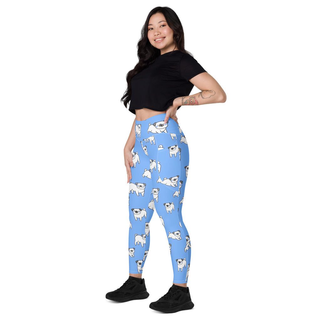 Women’s light blue high-waisted yoga leggings with pockets featuring soft compression and white pug dog pattern