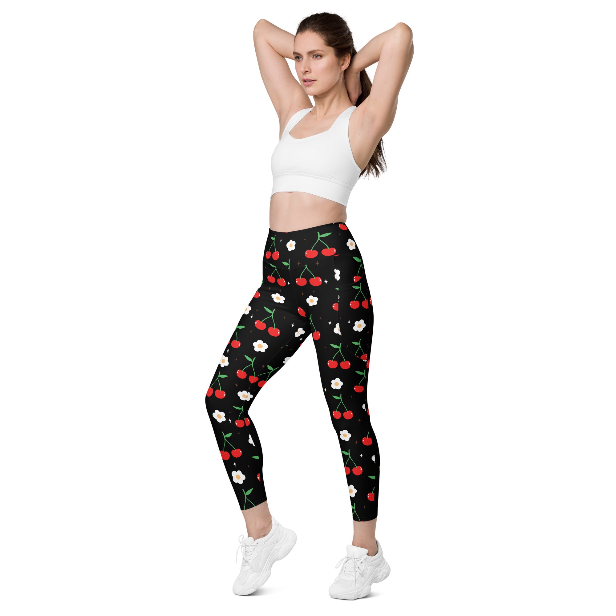 Women’s high-waisted black leggings with vibrant red cherry and white flower pattern soft compression yoga pants