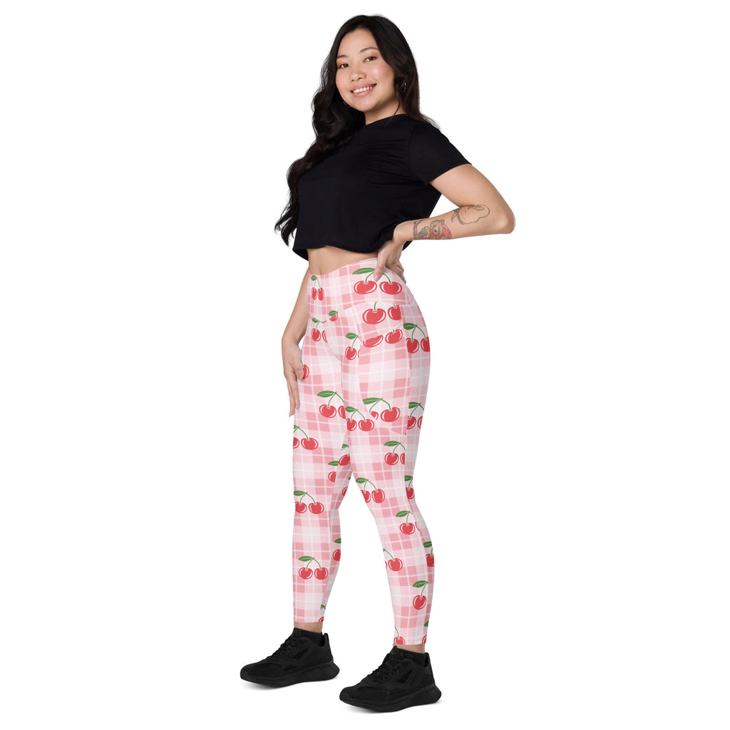 Women’s pink cherry-patterned gingham yoga leggings with high-waisted soft compression and pockets