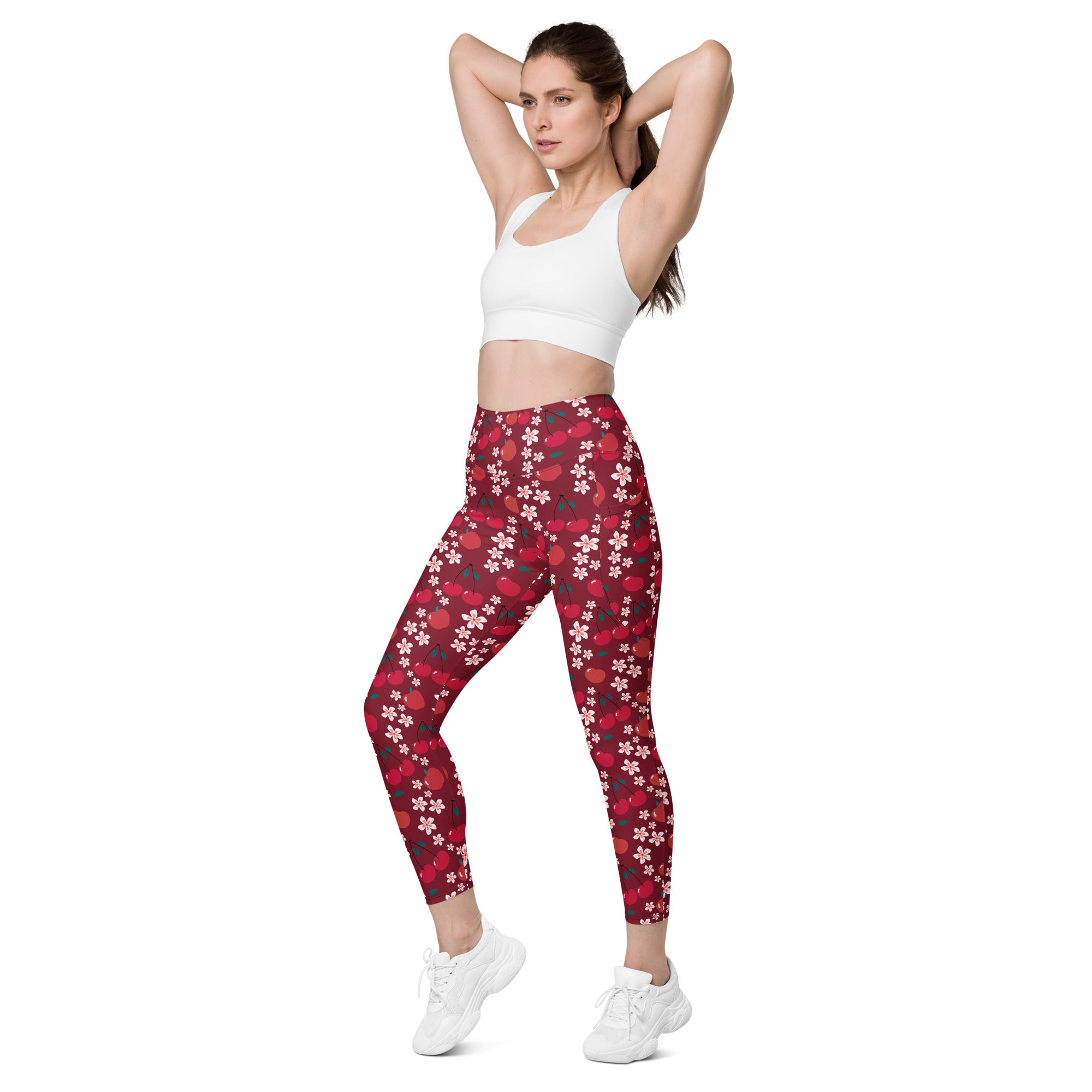 Women’s red and white cherry blossom floral high-waisted yoga leggings with pockets soft compression pants