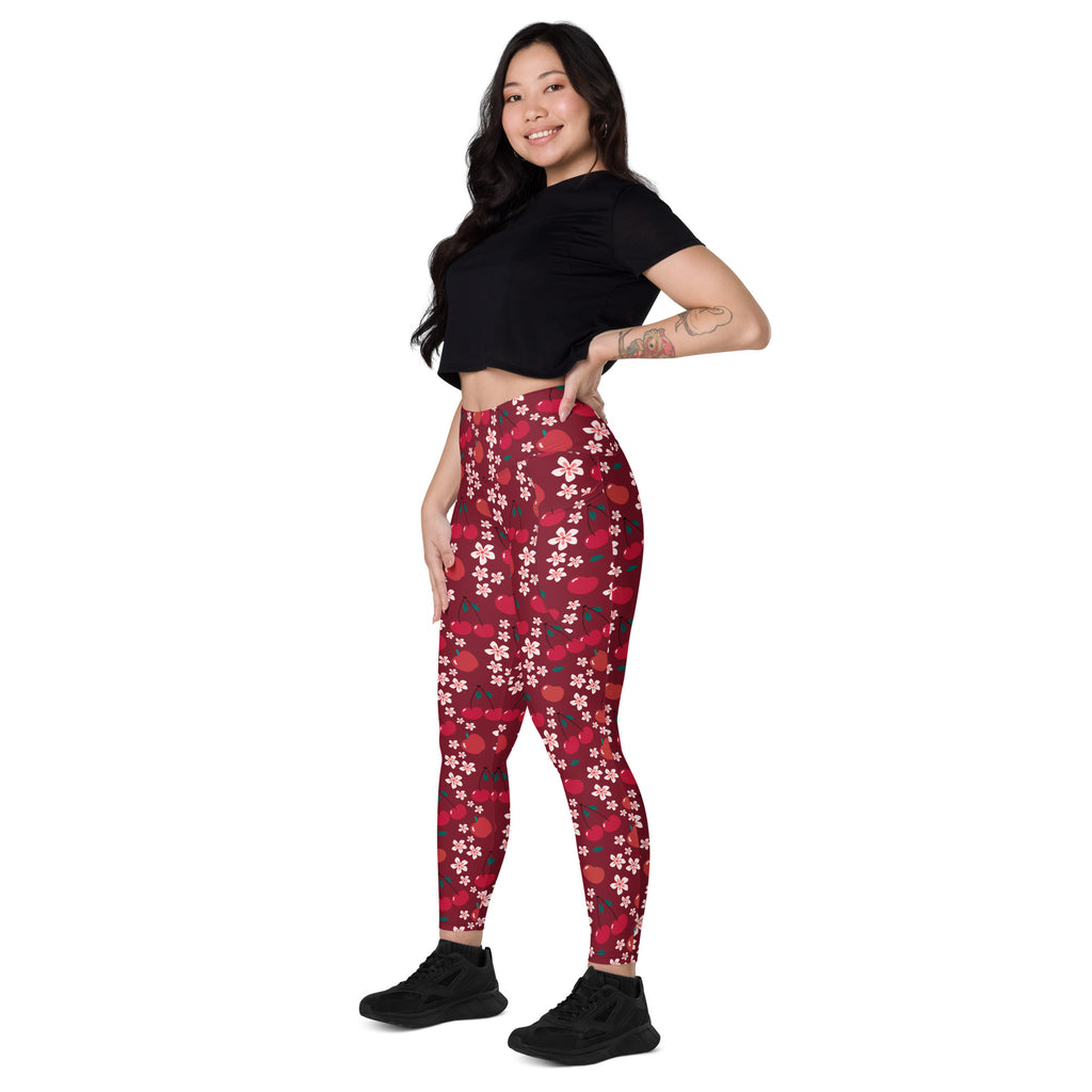 Women’s high-waisted red and white cherry blossom yoga leggings with pockets soft compression active pants