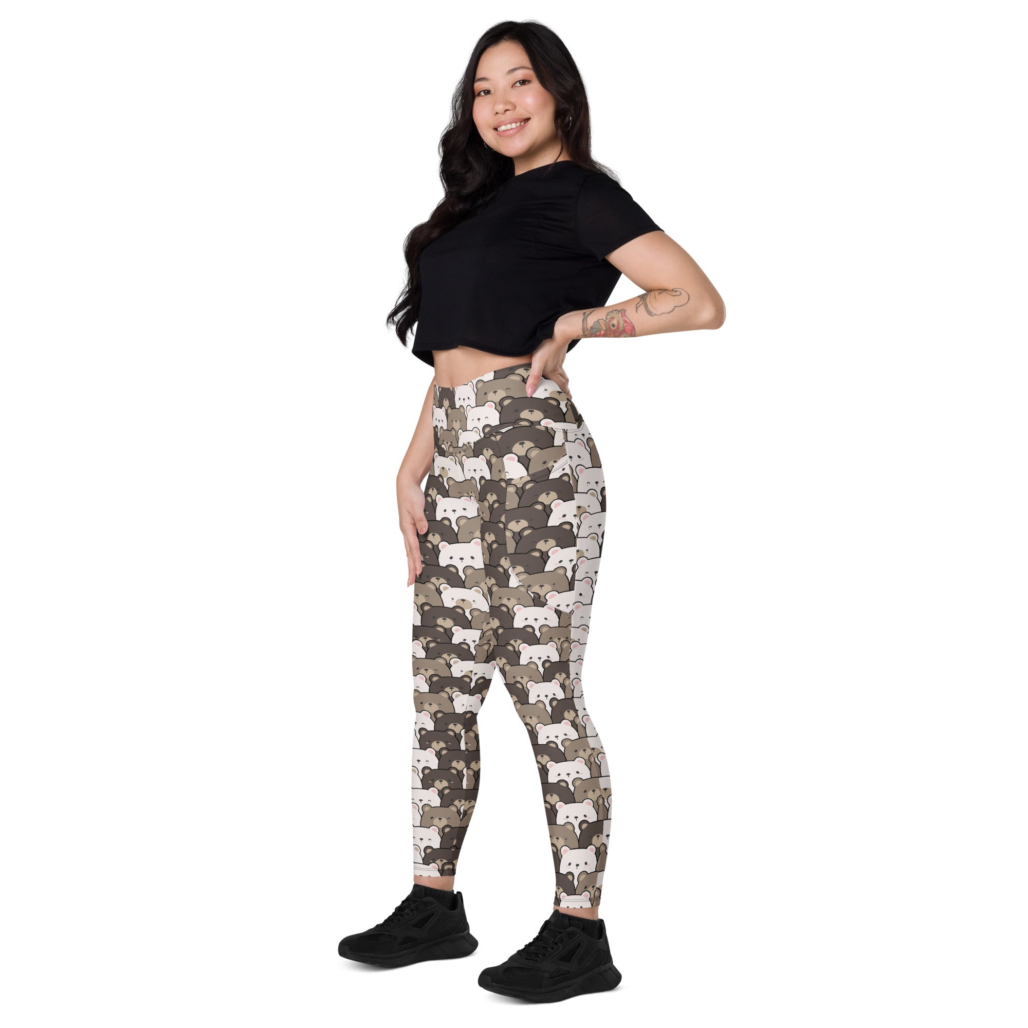 Women’s high-waisted soft compression yoga leggings with pockets in camouflage featuring white and gray fox print